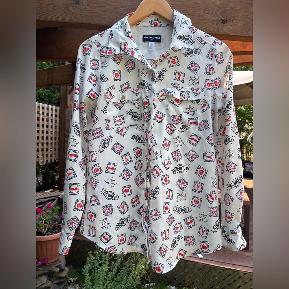 Karl Lagerfeld Blouse Shirt Button Up Postage Stamp Print, Classic Collar, Paris